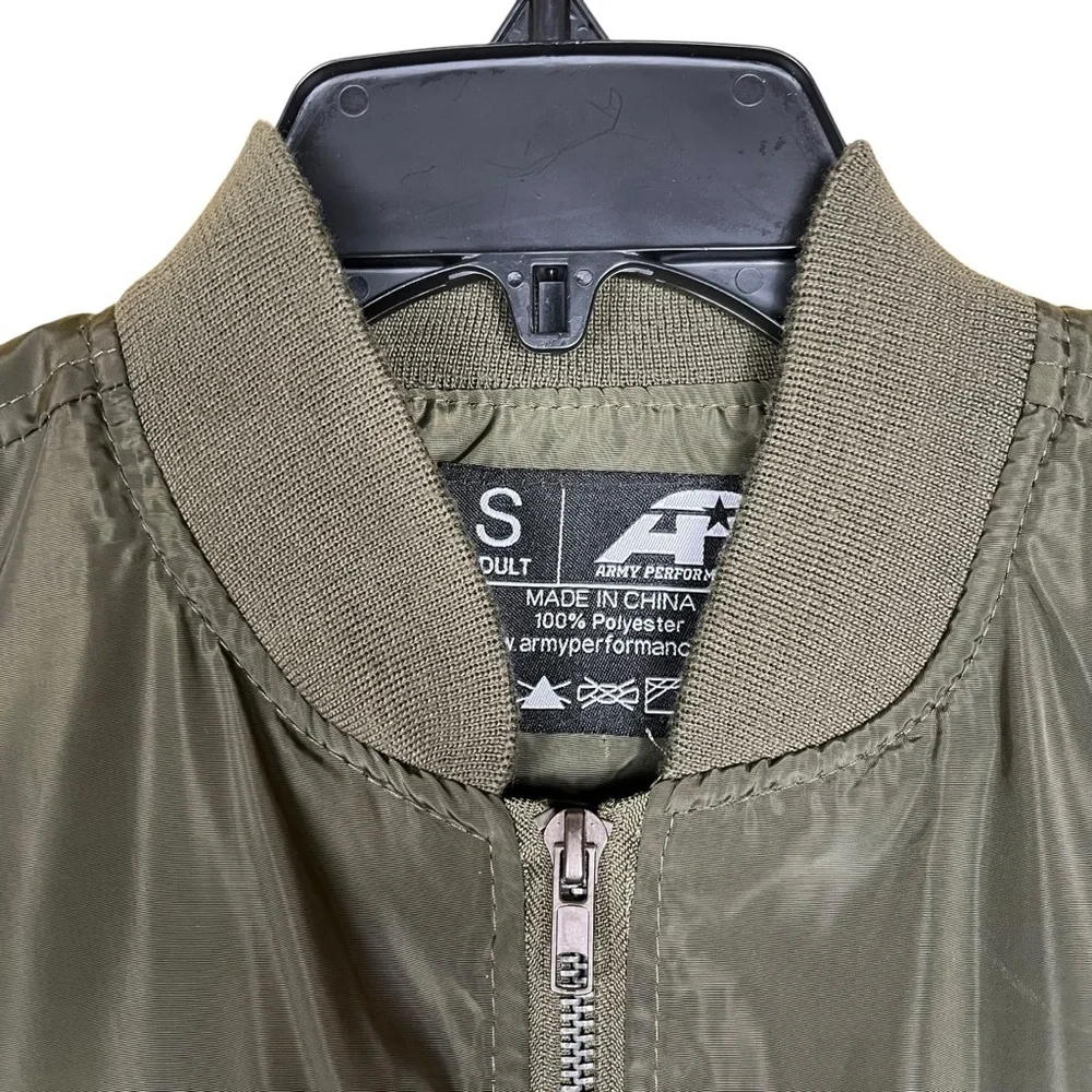 Army Performance Bomber Jacket Unisex Small Green Satin Military Uniform Costume